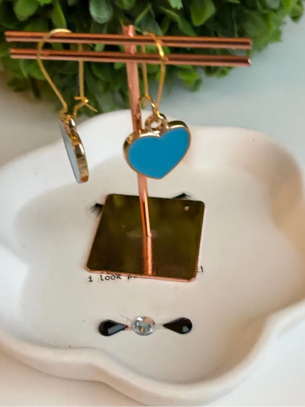 Gold Heart Drop Earrings with Turquoise Enamel